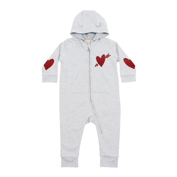Personalised Name - Valentines Heart - Baby Romper w/Ears and Front Pouch