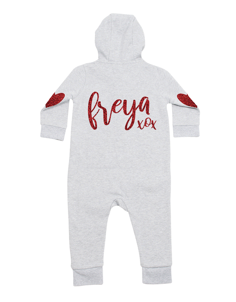 Personalised Name - Valentines Heart - Baby Romper w/Ears and Front Pouch