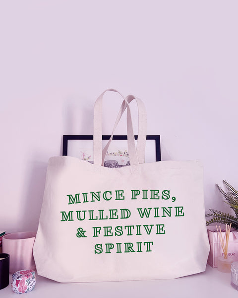 Mince Pies, Mulled Wine & Festive Spirit - Super Huge Canvas Tote Bag